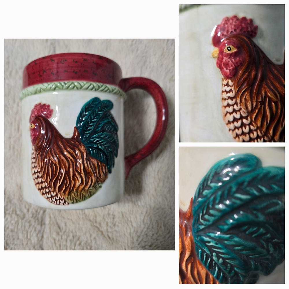 Colorful Rooster Coffee Mug Stoneware Tea Cup Rustic Farmhouse raised 3D